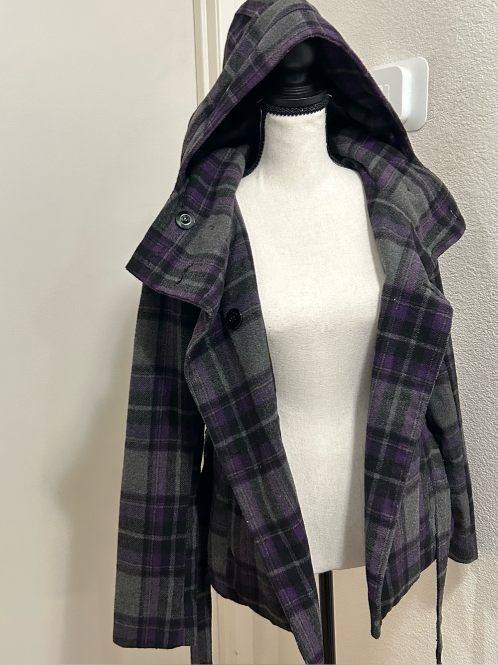 Y2K Dark Academia Goth Purple Plaid Hooded Pea Coat Wool Jacket Small Grunge - Picture 4 of 9